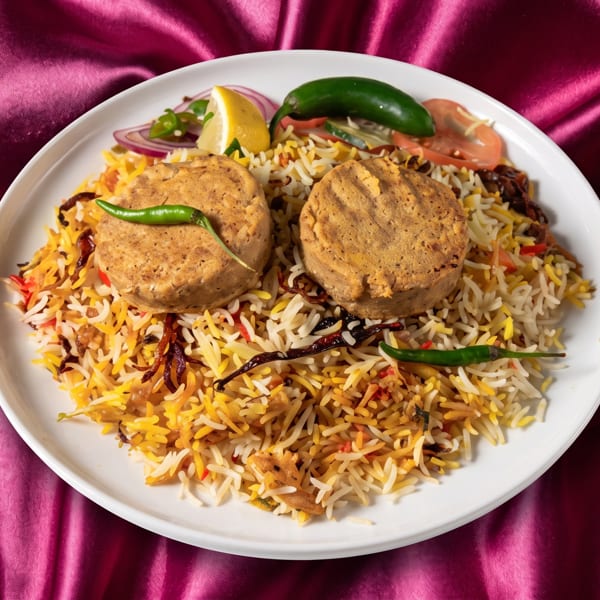 Two round patties on a bed of biryani rice with chili peppers, lemon, and salad.