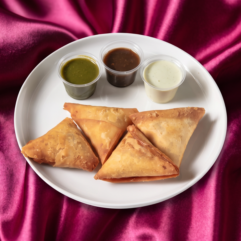 Golden-brown samosas and three dipping sauces on a white plate, set against a vibrant magenta satin cloth.