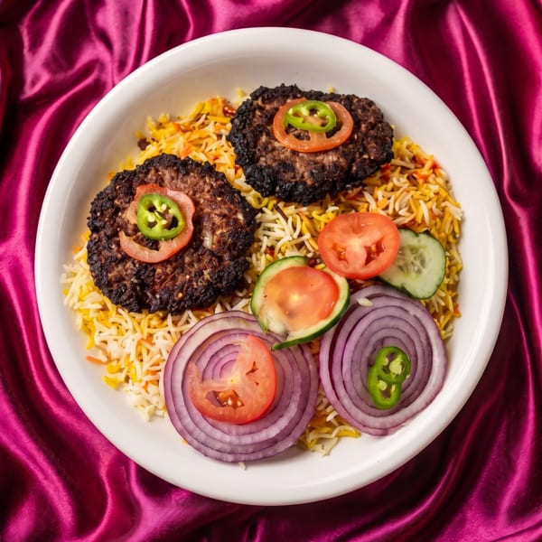 Two dark patties with rice, sliced tomatoes, cucumbers, red onions, and green chilies on a white plate.