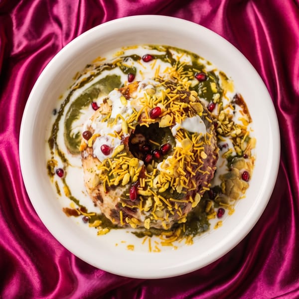 A white plate of Indian chaat, topped with sauces, pomegranate seeds, and crispy noodles, on a magenta silk cloth.