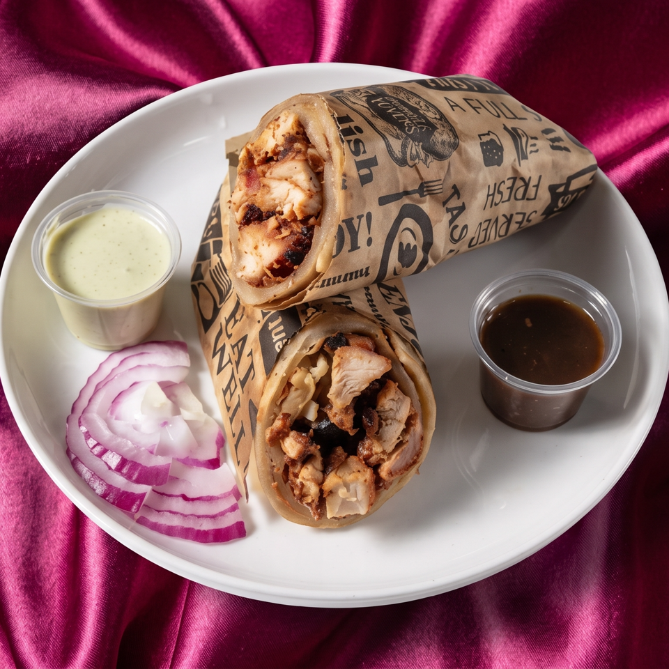 Two chicken wraps on a white plate with sliced red onions and two dipping sauces, on a magenta satin background.